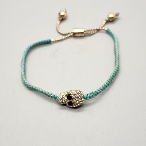 Rhinestone Skull Gold Metal Ball Bead Blue Adjustable Braided Shamballa Bracelet